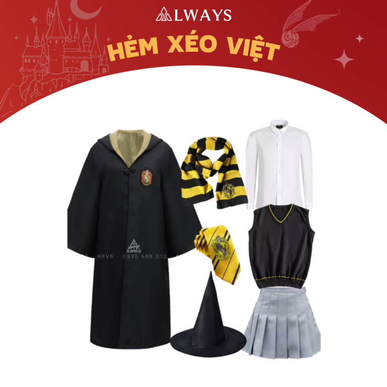 COMBO 12: Áo chùng + Cà vạt + Sơ mi + Ghile + Váy + Khăn mỏng + Mũ phù thủy nhà Huflepuff