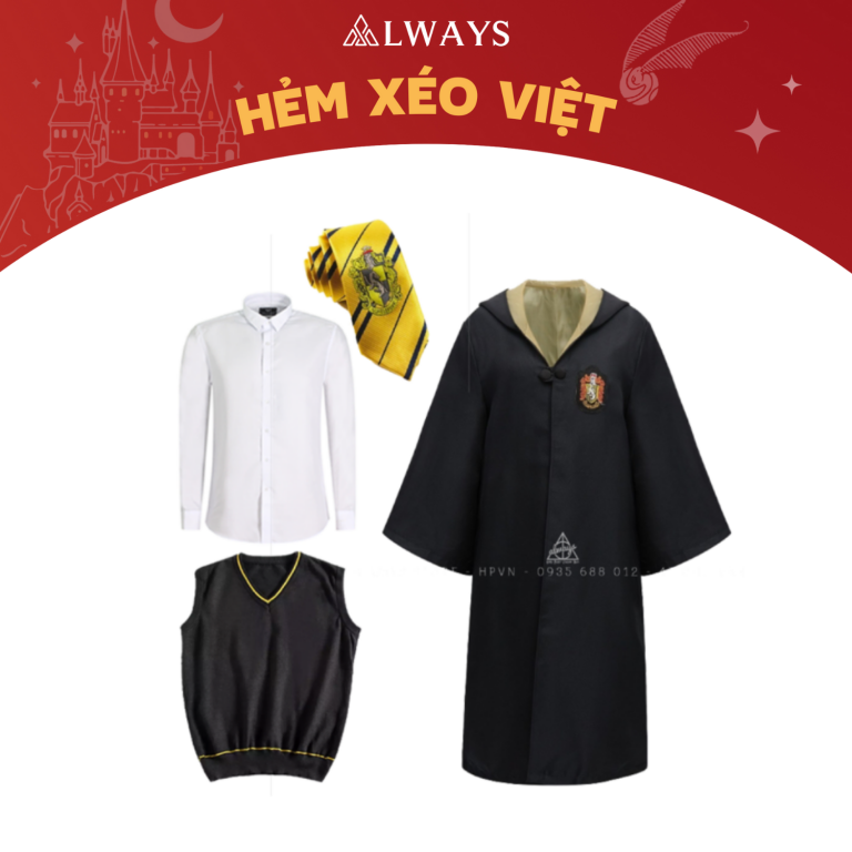 COMBO 7: Áo chùng + Cà vạt + Sơ mi + Ghile nhà Hufflepuff