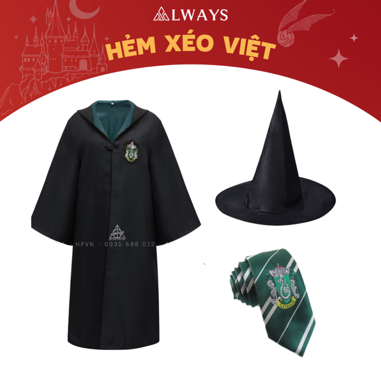 COMBO 17: Áo chùng + Cà vạt + Mũ phù thủy nhà Slytherin