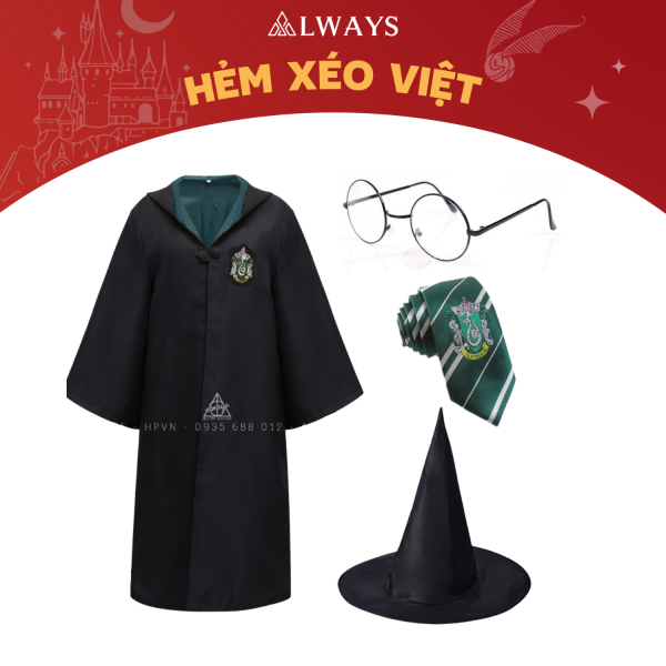 COMBO 14: Áo chùng + Cà vạt + Mũ phù thủy + Kính nhà Slytherin