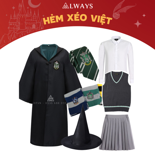 COMBO 12: Áo chùng + Cà vạt + Sơ mi + Ghile+ Váy + Khăn mỏng + Mũ phù thủy nhà Slytherin