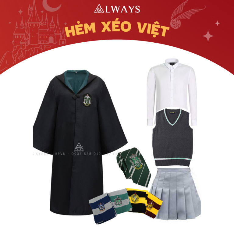 COMBO 11: Áo chùng + Cà vạt + Sơ mi + Ghile + Váy + Khăn mỏng nhà Slytherin