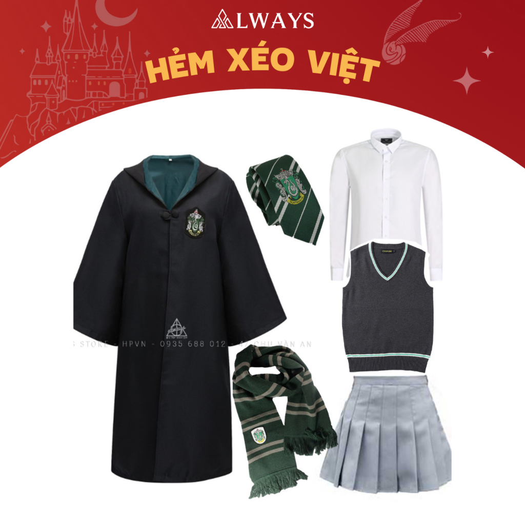 COMBO 10: Áo chùng + Cà vạt + Sơ mi + Ghile + Váy + Khăn dày nhà Slytherin